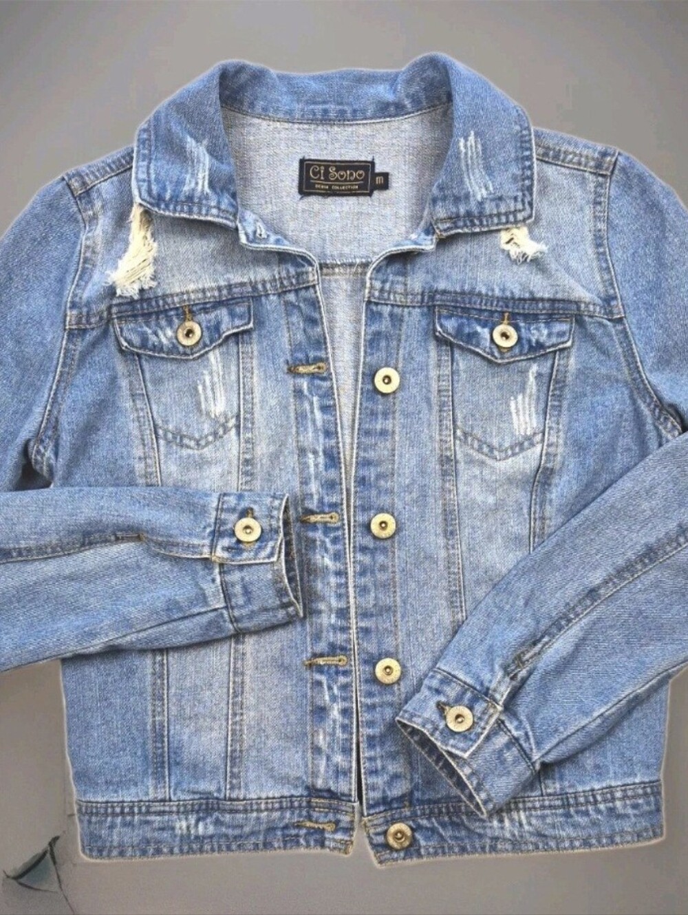 CiSono Womens Sz M Distressed Denim Jean Jacket Biker Boho Streetwear Sku756